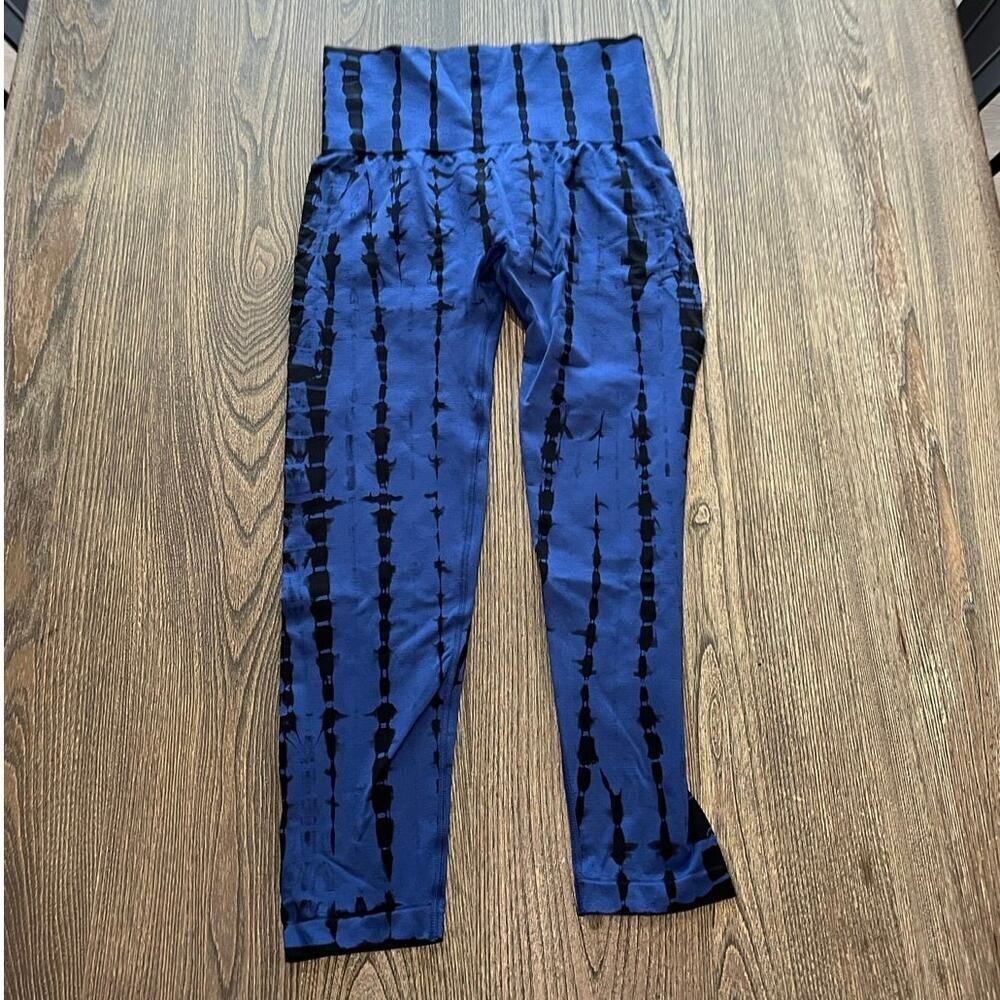 Yelete Womens Tie Dye Drip Seamless Leggings High-Rise Pull-On Blue Black Size L